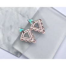 Load image into Gallery viewer, Rosa Pietsch acrylic resin jewellery Art Deco rose gold iridescent earrings for Modern Craft