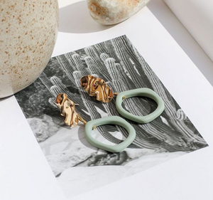 Weathered Penny resin Alexa earrings in Fern with gold stud. Handmade in the UK for Modern Craft.