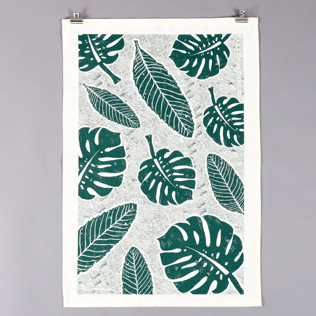 Studio Wald botanical leaf monstera print handmade cotton tea towel screen-printed in Yorkshire at Modern Craft