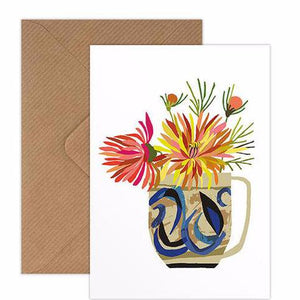 Dahlia still life with ceramic jug greetings card handmade in England by Brie Harrison for Modern Craft