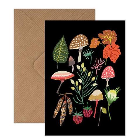 Brie Harrison mushrooms and moss foraging greetings card Kraft envelope biodegradable cello wrap for Modern Craft 