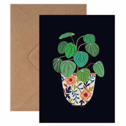 Pilea Chinese Money Plant still life with ceramic pot greetings card handmade in England by Brie Harrison for Modern Craft