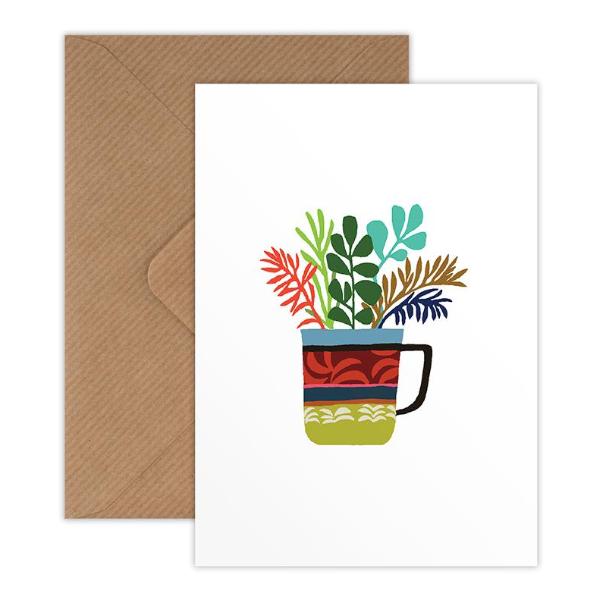 Brie Harrison fern and cup print mini greetings card with Kraft envelope for Modern Craft