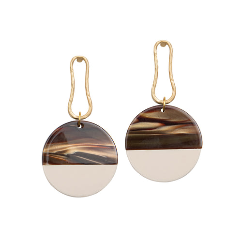 Weathered Penny resin and metal Margot statement earrings in rich, earth tones. Handmade in the UK for Modern Craft.