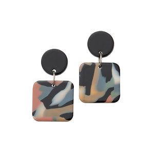 Weathered Penny resin Elodie earrings in mixed, watercolour-effect with a black stud. Handmade in the UK for Modern Craft.