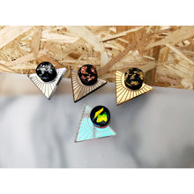 Load image into Gallery viewer, Rosa Pietsch iridescent bronze gold statement triangle studs resin mirror acrylic earrings for Modern Craft