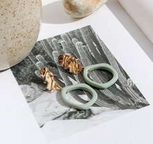 Load image into Gallery viewer, Weathered Penny resin Alexa earrings in Fern with gold stud. Handmade in the UK for Modern Craft.