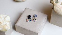 Load image into Gallery viewer, Weathered Penny resin Elodie earrings in mixed, watercolour-effect with a black stud. Handmade in the UK for Modern Craft.