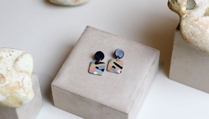 Weathered Penny resin Elodie earrings in mixed, watercolour-effect with a black stud. Handmade in the UK for Modern Craft.