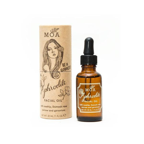 Aphrodite organic, natural facial oil with essential oils of rosehip, Damask rose, geranium, yarrow and marshmallow. Vegan, cruelty-free skincare made in England for Modern Craft.